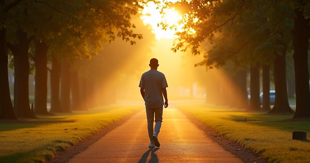 Pessoa caminhando em parque ao amanhecer