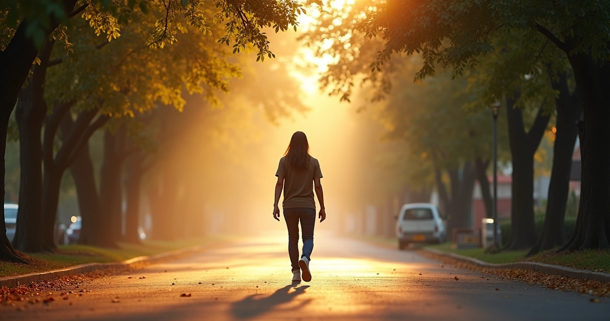 Pessoa caminhando sozinha em uma rua arborizada, sugerindo superação emocional 