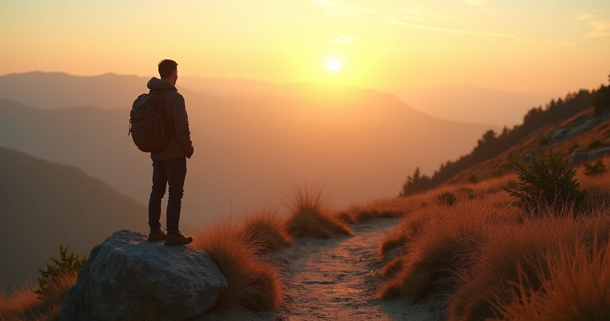Pessoa observando trilha em montanha ao amanhecer 