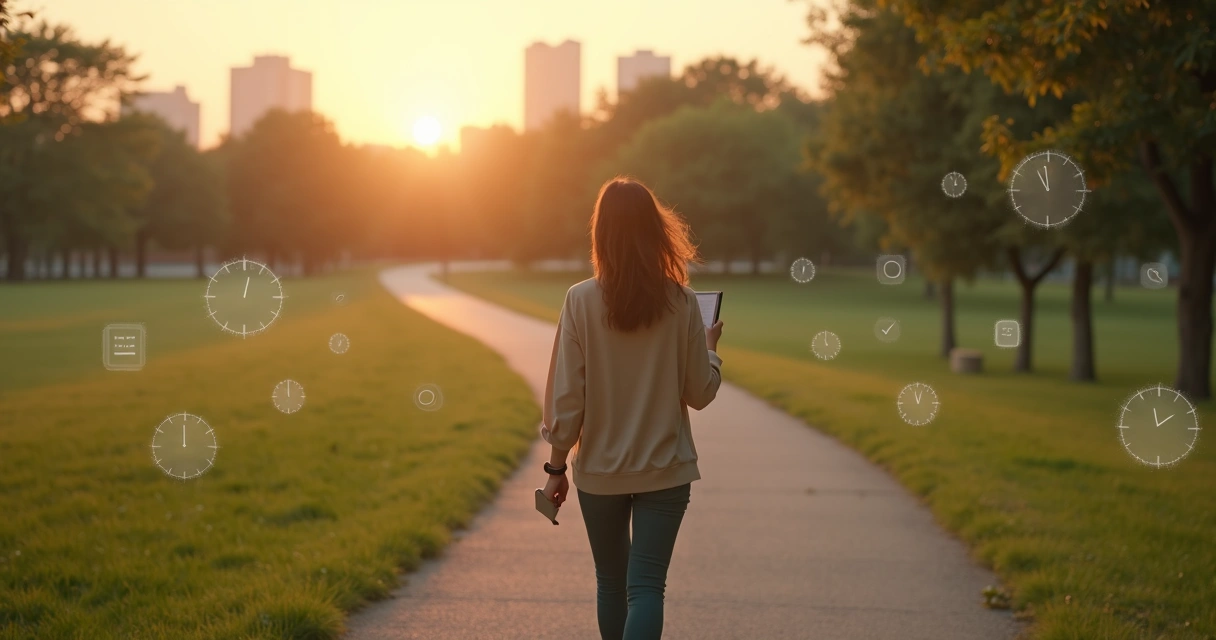Mulher caminhando em trilha com ícones translúcidos de tempo flutuando ao redor 