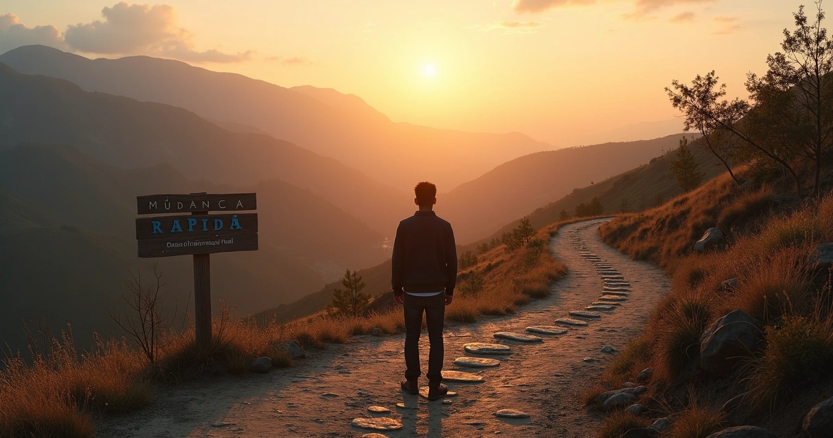 Pessoa em encruzilhada entre caminho fácil e caminho de transformação profunda 