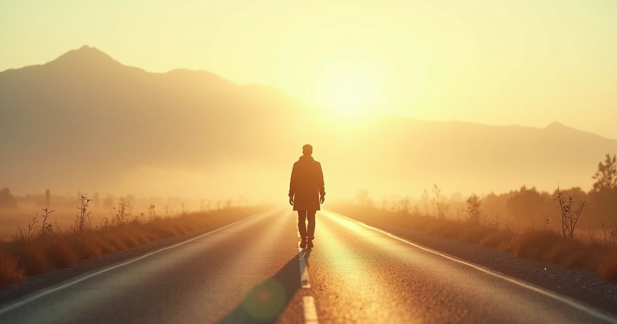 Pessoa caminhando em estrada iluminada por luz suave 