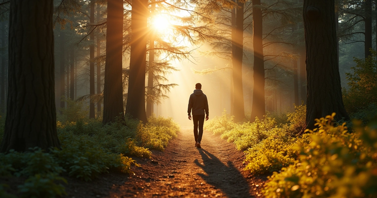 Trilha em meio à natureza com uma pessoa caminhando em direção à luz, simbolizando o caminho da transformação 