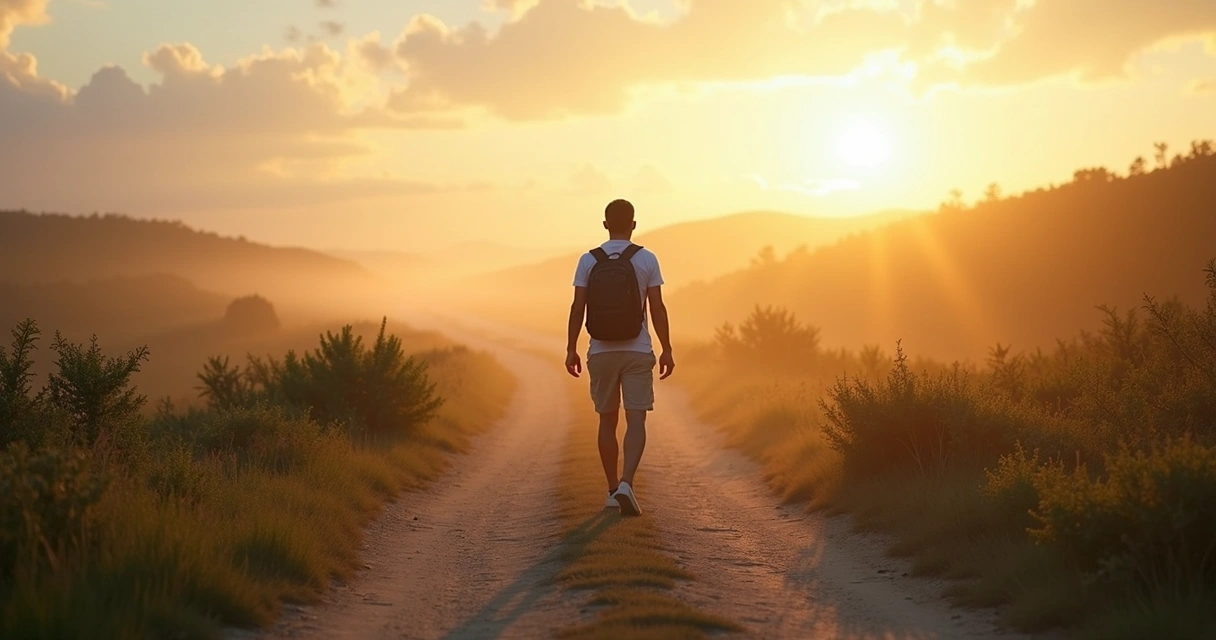 Pessoa caminhando sozinha em trilha sinuosa ao nascer do sol simbolizando processo de mudança gradual 