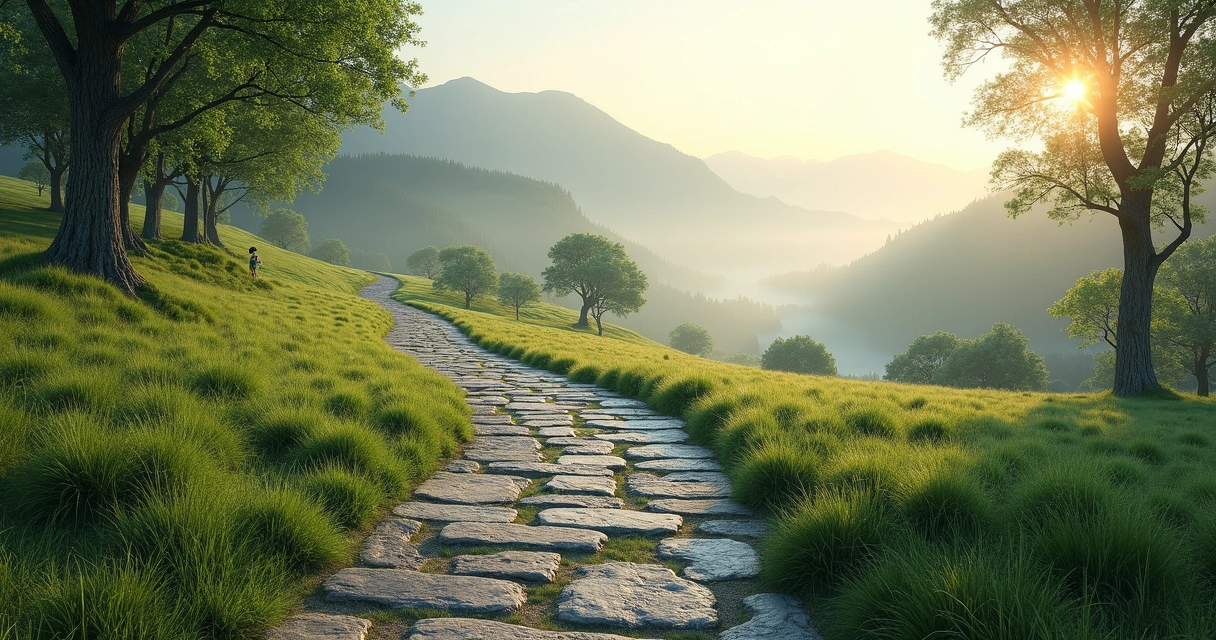 Caminho de pedras em meio a uma paisagem natural serena 