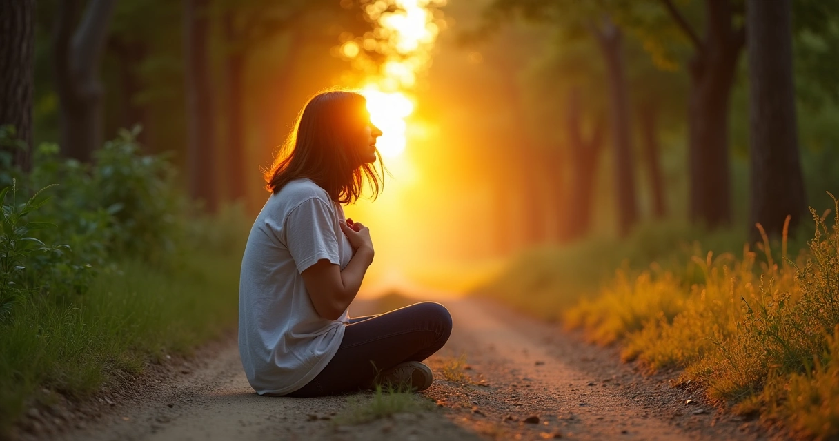 Pessoa refletindo sentada em uma estrada cercada por árvores, no nascer do sol.