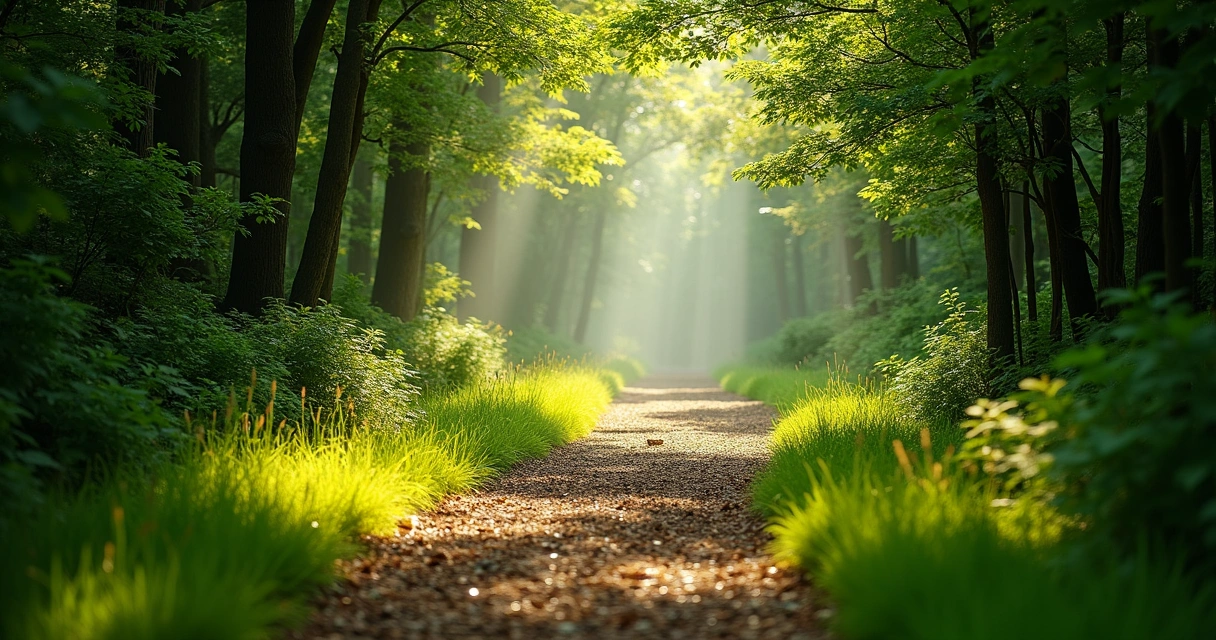 Trilha iluminada pela luz entre árvores verdes 