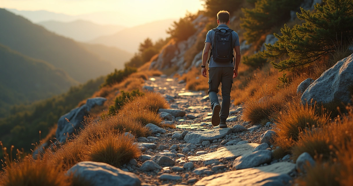 Caminho de pedras com pessoa caminhando entre obstáculos 