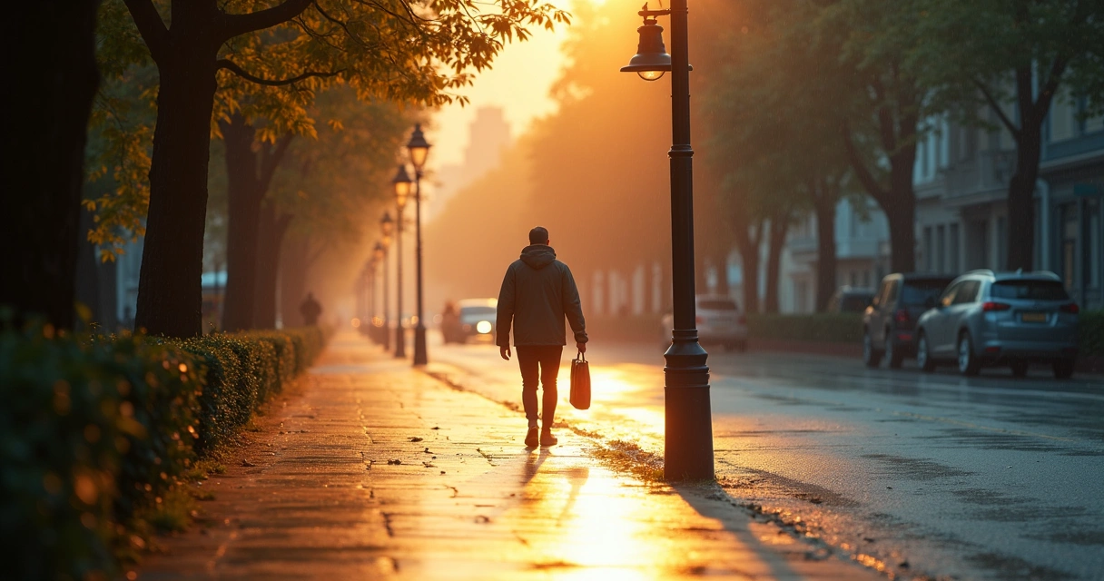 Pessoa caminhando em rua molhada ao amanhecer 
