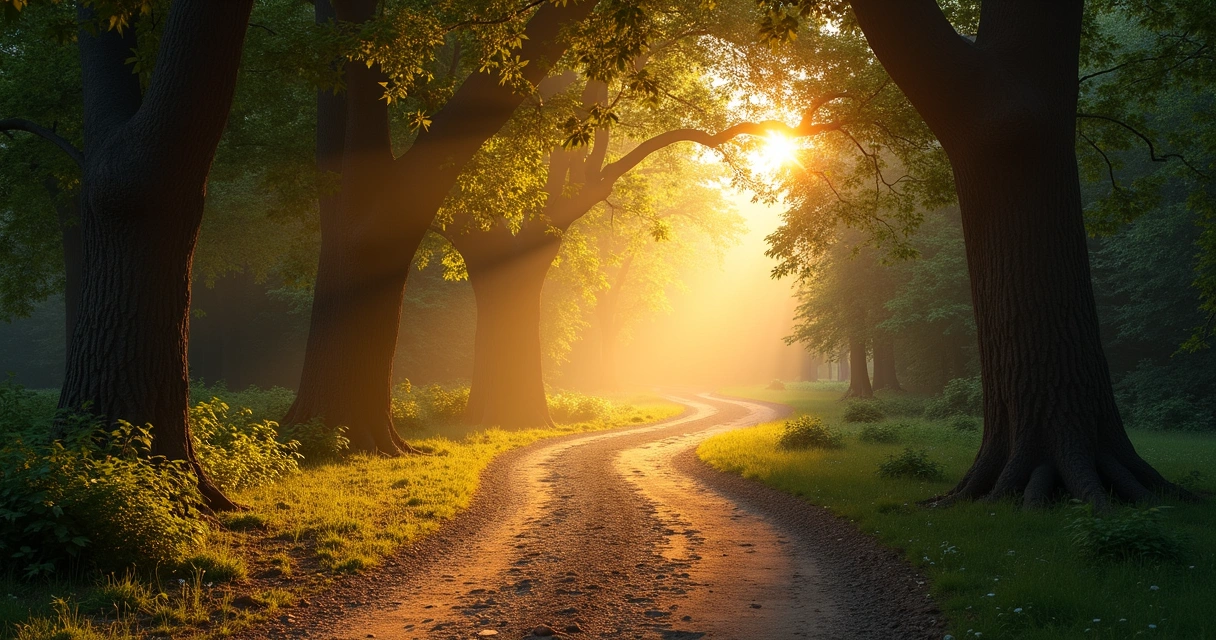Caminho de terra entre árvores, luz brilhante no horizonte, simbolizando jornada de propósito 