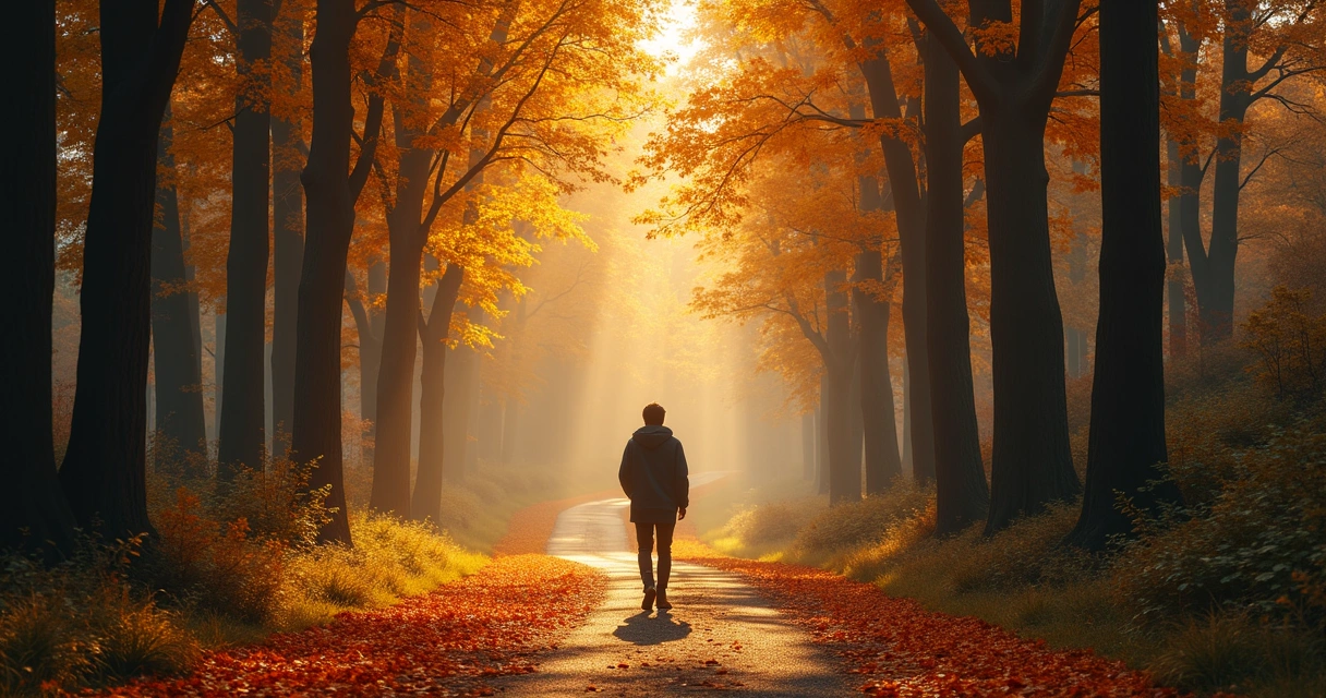 Pessoa caminhando sozinha por um caminho cercado de árvores, representando escolhas ao longo da vida 