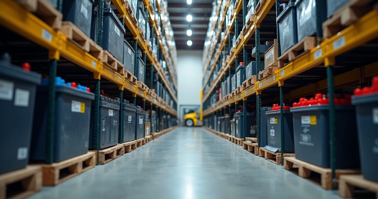 Baterias de caminhão organizadas em prateleiras industriais 