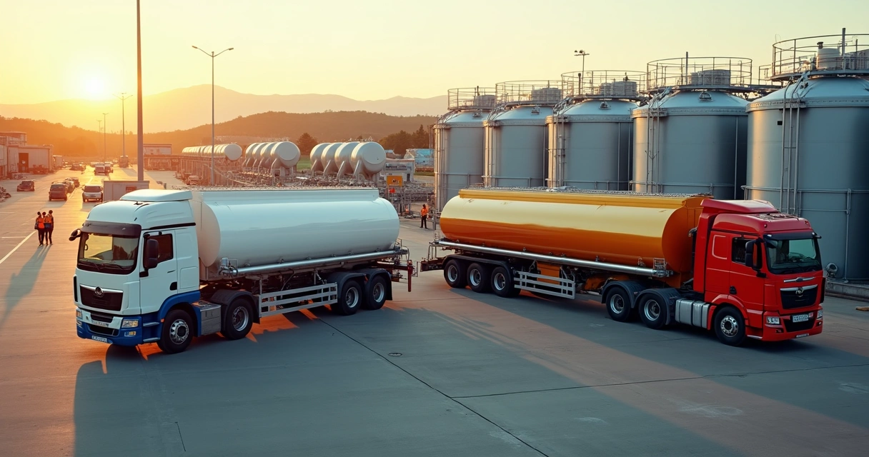 Caminhões-tanque coloridos alinhados em pátio de terminal de combustíveis 