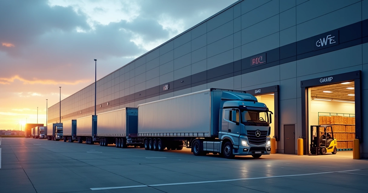 Caminhões alinhados em centro de distribuição, prontos para carregar produtos 