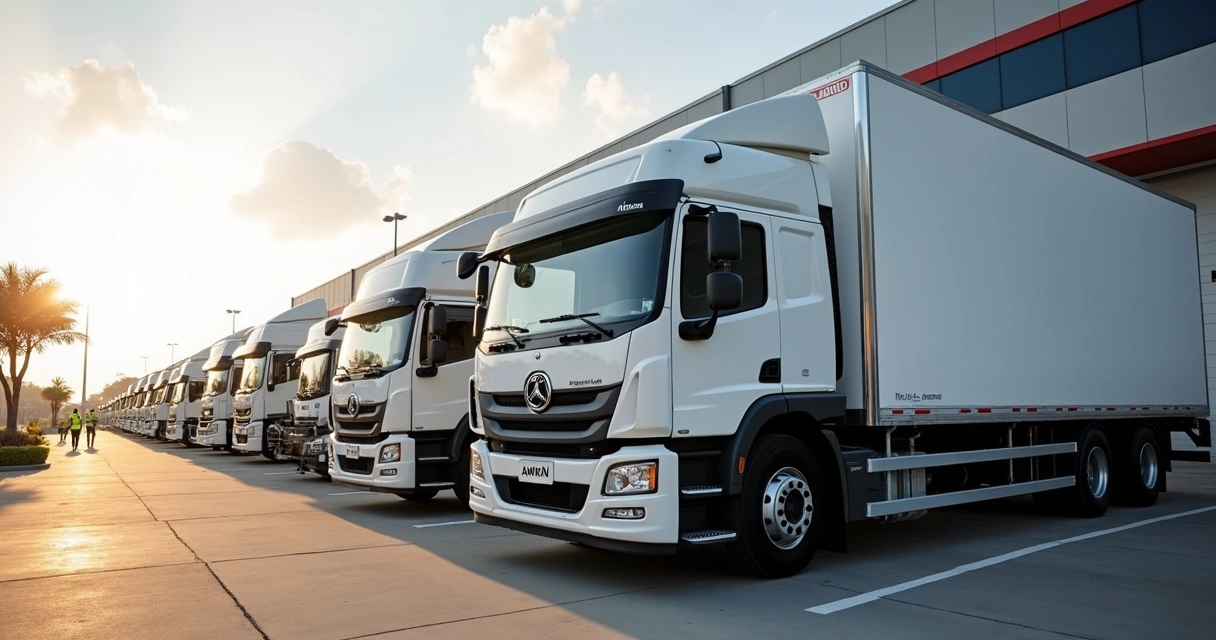 Caminhões Foton de bebidas estacionados em frente a centro de distribuição da Ambev 