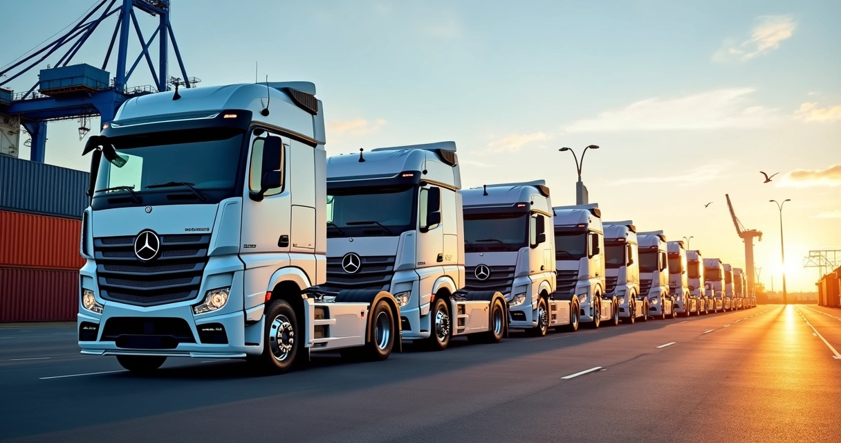 Caminhões Mercedes-Benz Actros da Ever Express alinhados em terminal de contêineres 