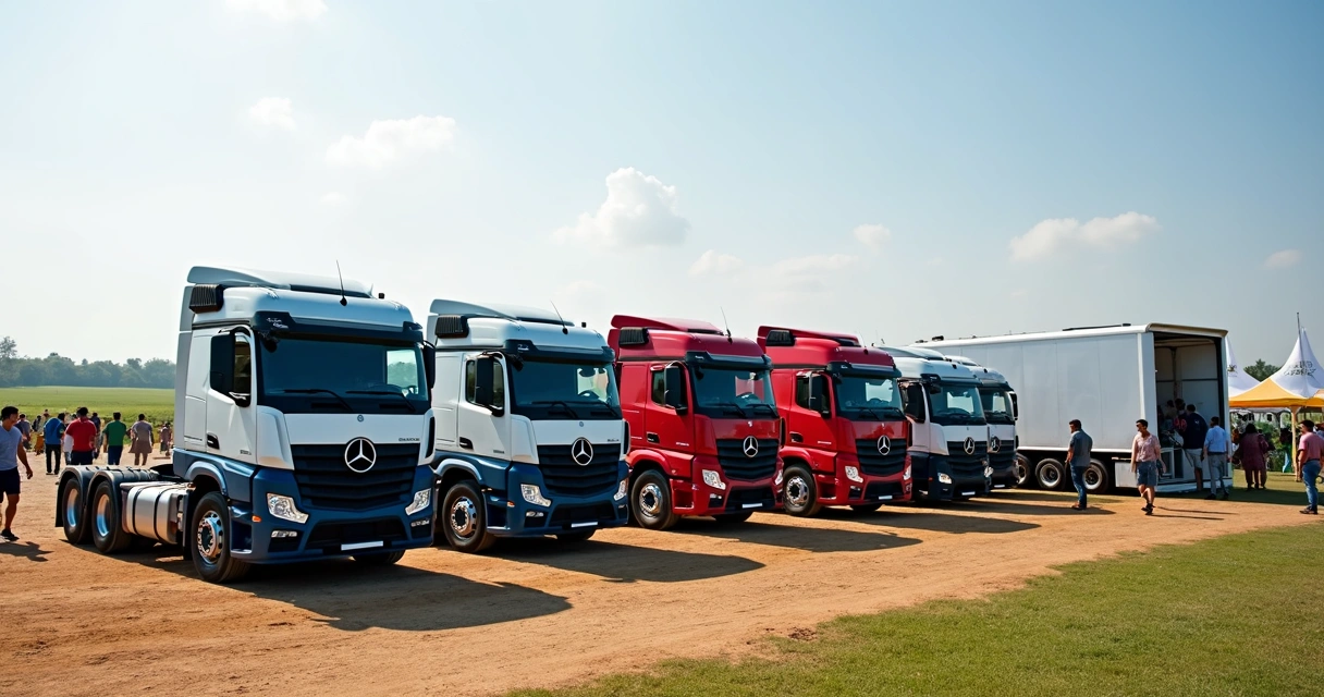 Cinco caminhões Mercedes-Benz alinhados em feira agrícola a céu aberto em Rio Verde, Goiás 