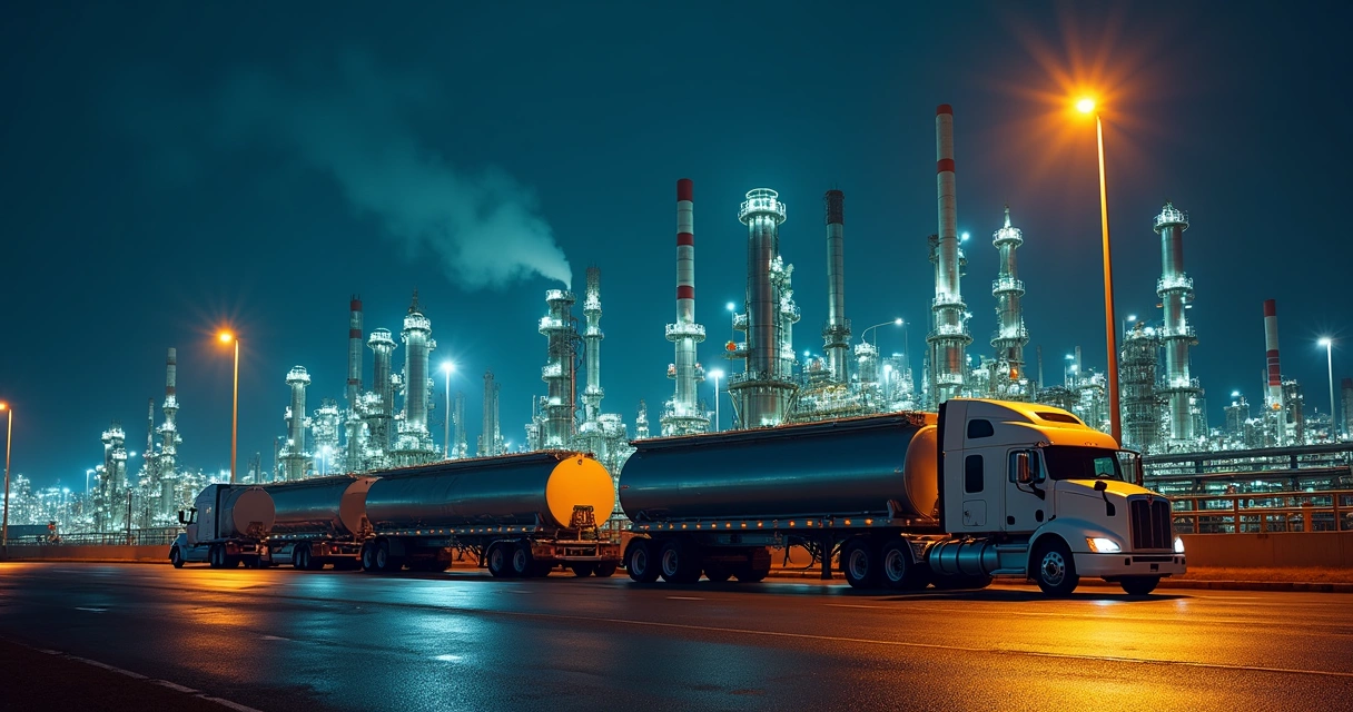 Comboio de caminhões-tanque diante de refinaria com gráficos de frete e diesel sobrepostos 