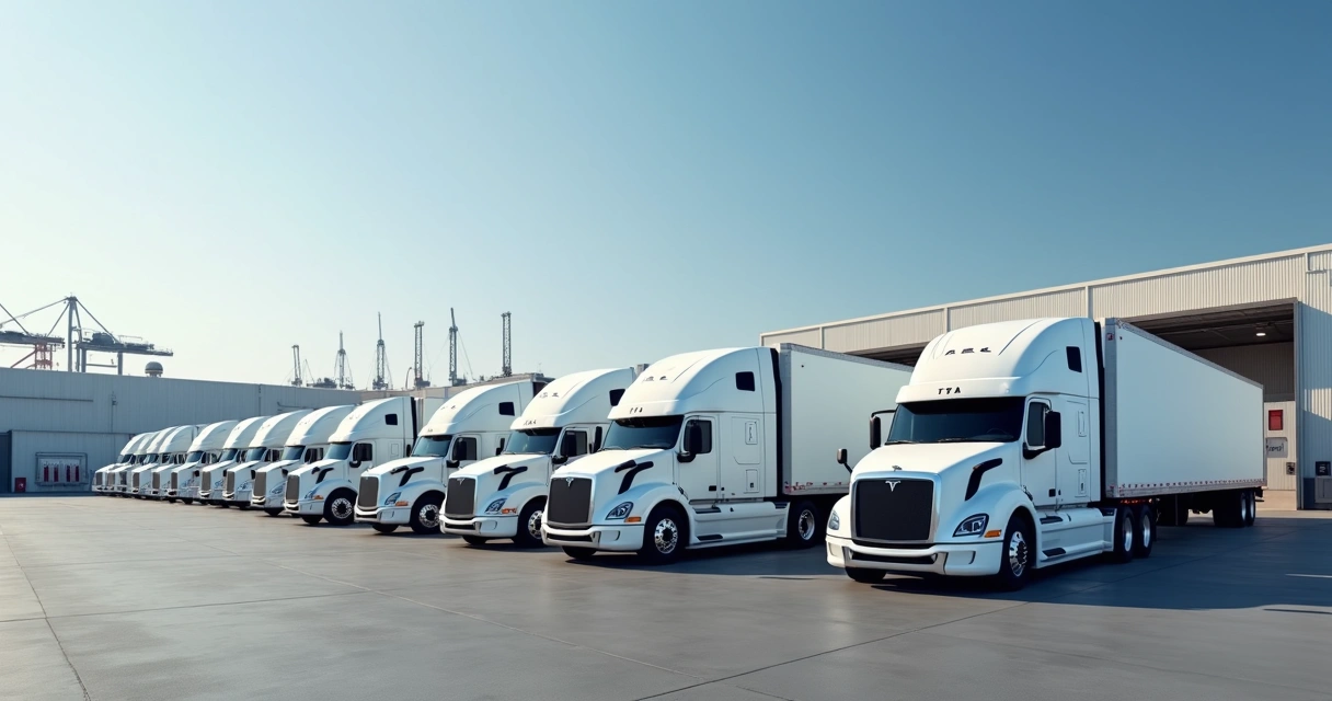 Caminhões Tesla Semi estacionados em um terminal de recarga elétrica 
