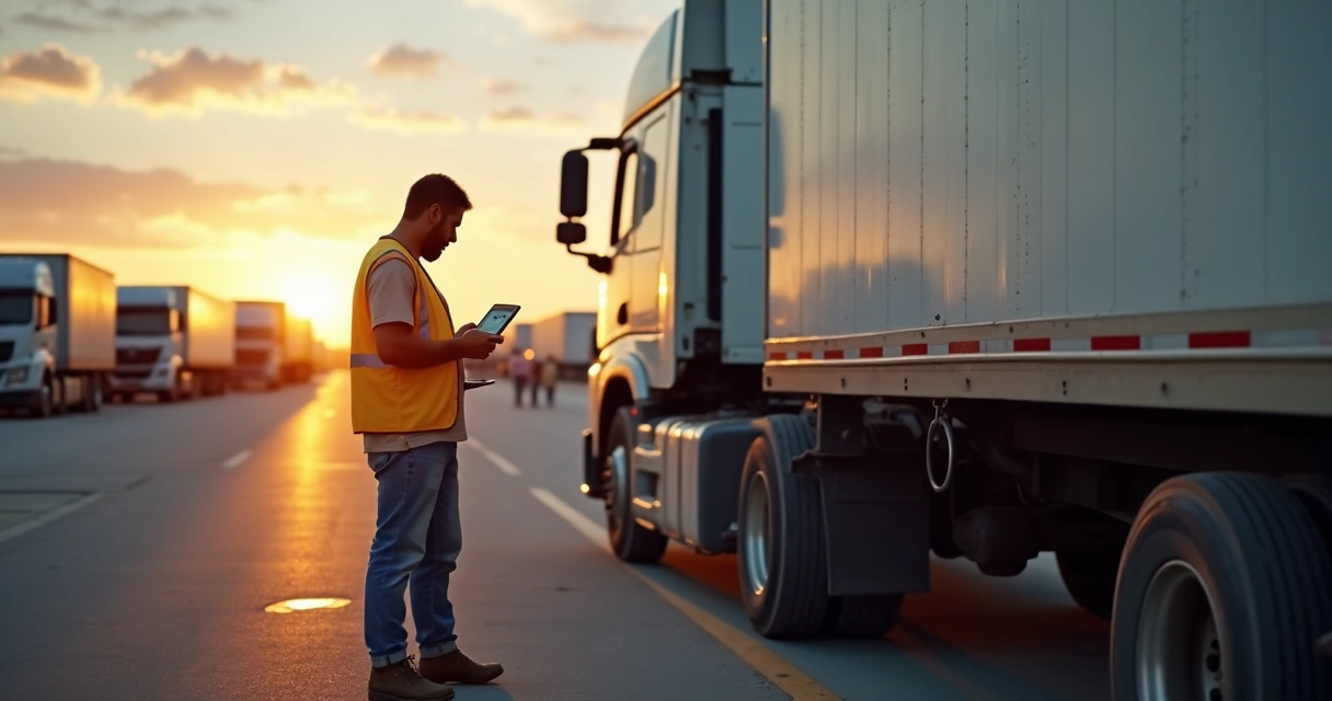Caminhoneiro usando tablet para encontrar frete em pátio de caminhões 