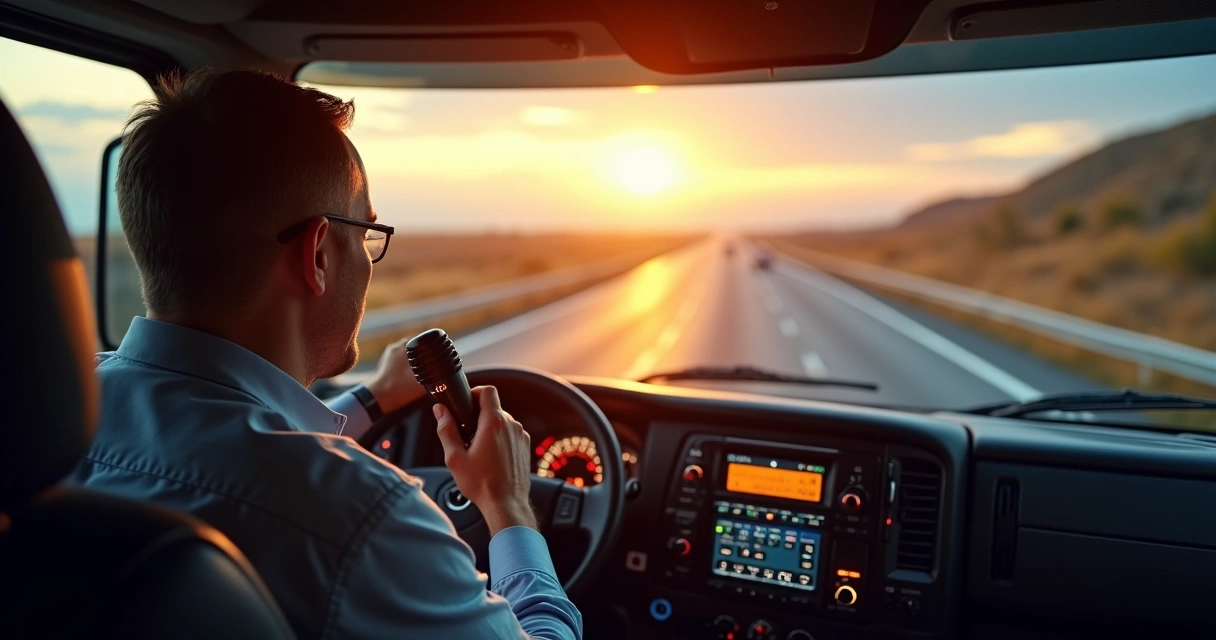 Caminhoneiro usa rádio PX no painel do caminhão ao entardecer