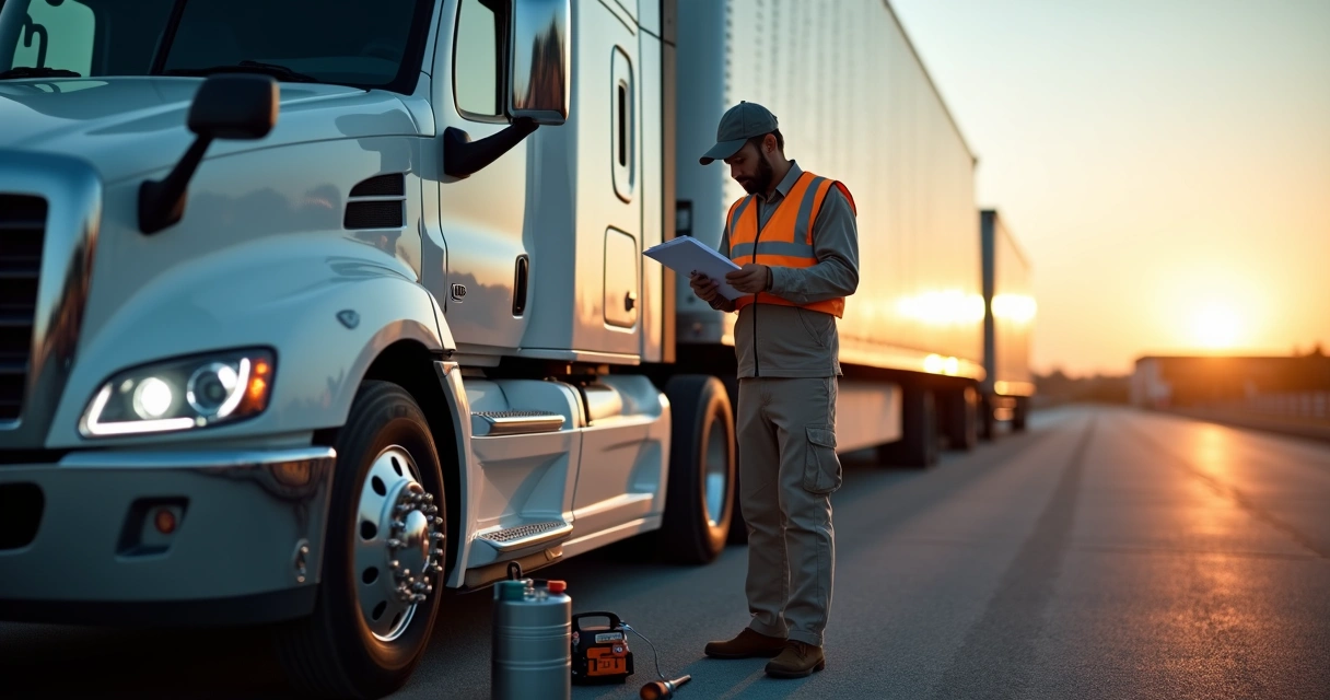Caminhoneiro autônomo fazendo manutenção preventiva no caminhão 