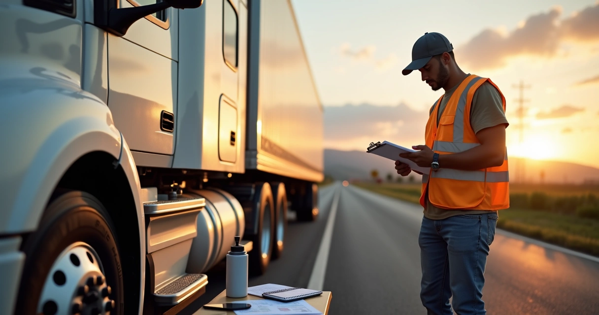 Caminhoneiro anotando planejamento de rotas e horários ao lado do caminhão 