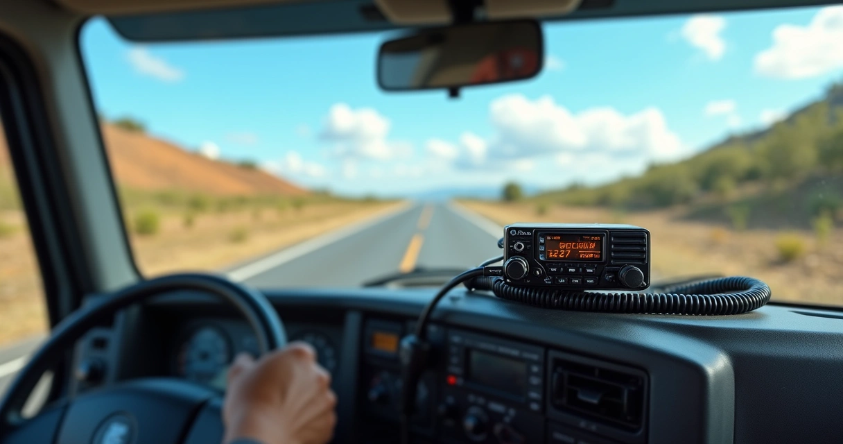 Caminhoneiro usando rádio PX instalado no painel do caminhão em estrada 