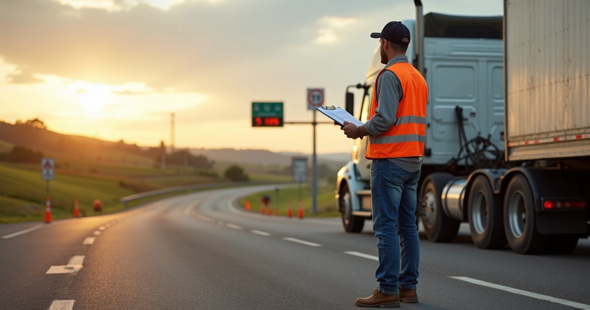 Caminhoneiro ao lado do caminhão em rodovia com balança e fiscalização ao fundo 