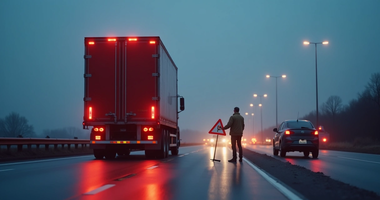 Motorista sinalizando o caminhão em pane elétrica na estrada