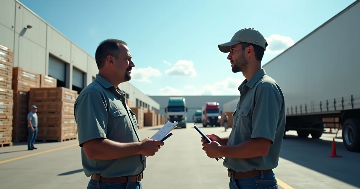 Caminhoneiro conversando com operador em terminal de carga