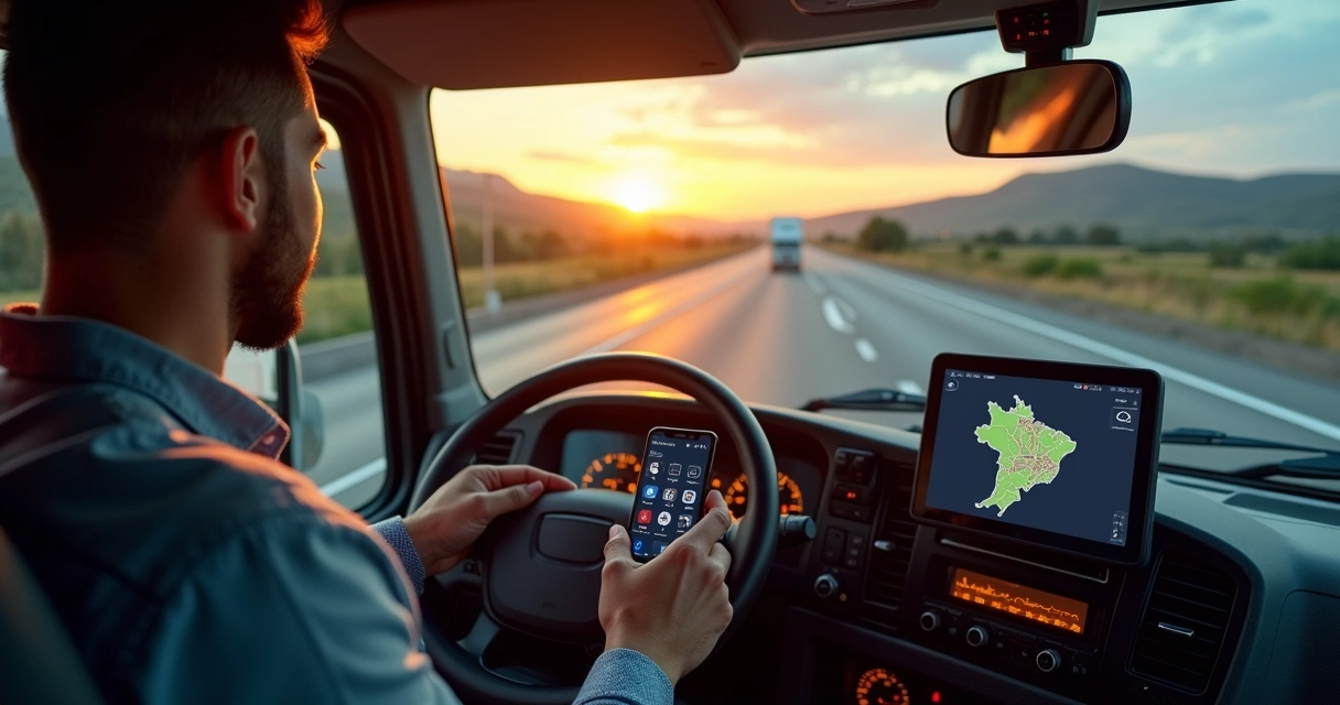 Caminhoneiro usando aplicativos no celular dentro do caminhão em rodovia brasileira 