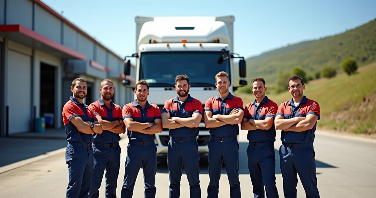 Equipe de caminhoneiros reunida em frente a caminhão em pátio rodoviário 