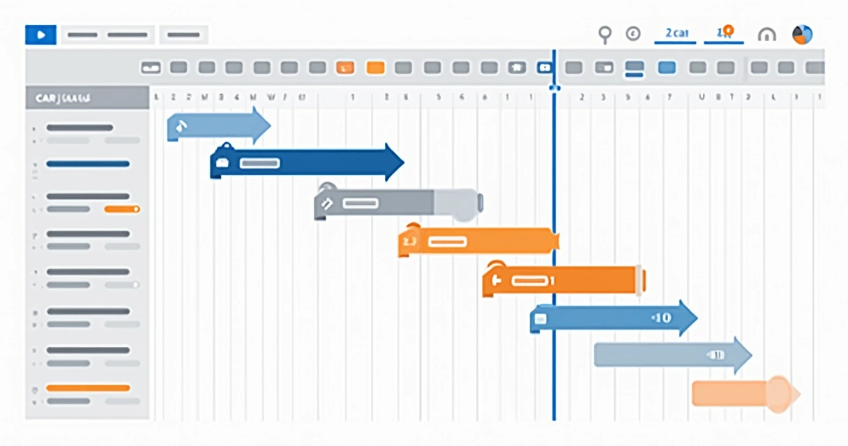 Caminhos alternativos em cronograma do MS Project exibidos com barras de cores diferentes 