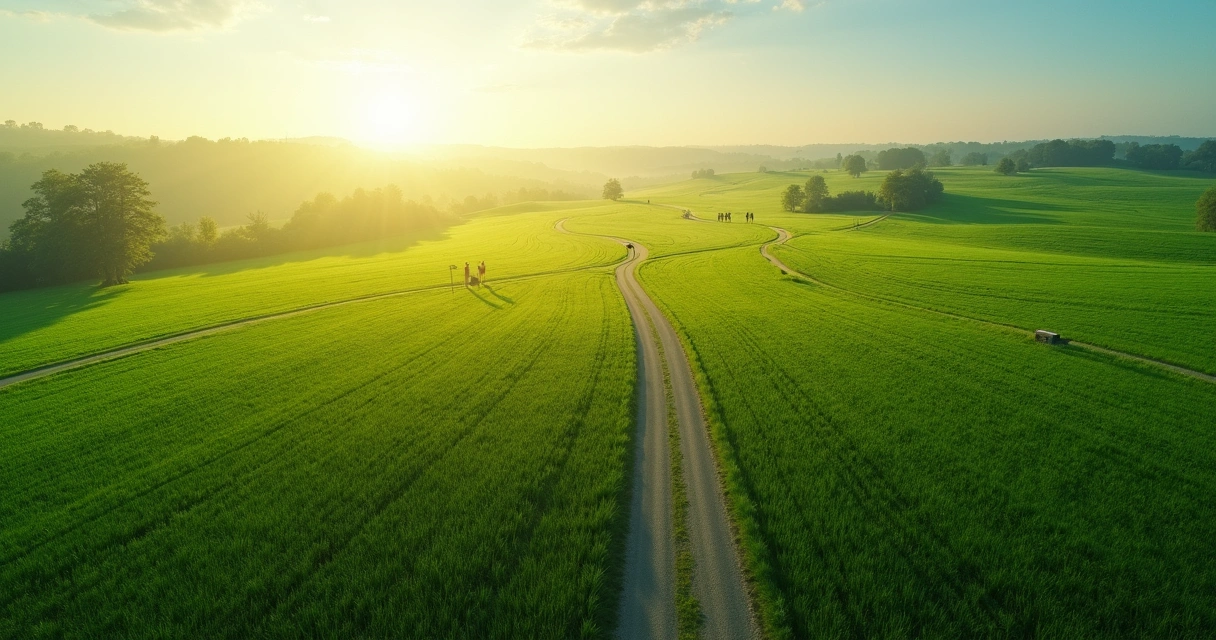 Diversos caminhos traçados em um campo verde aberto, vistos de cima