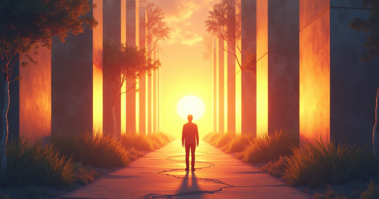 Dois caminhos se abrindo, uma pessoa no centro, um caminho iluminado representando autoconhecimento e o outro com espelhos refletindo autoimagem. 