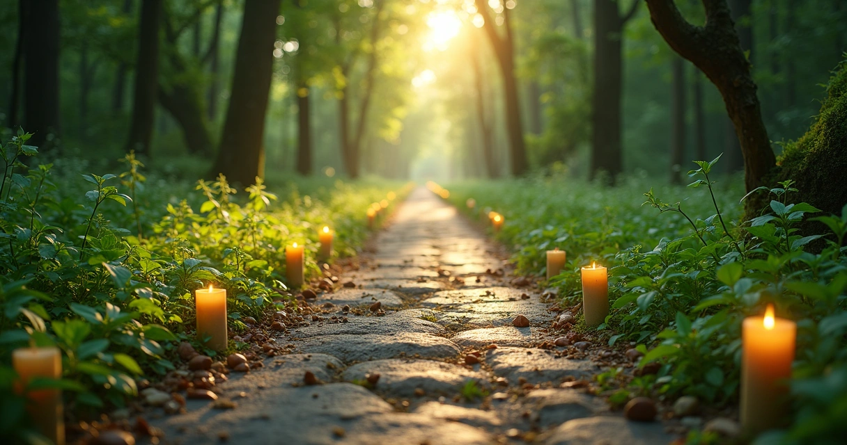 Caminho dividido entre trilha espiritual e trilha de autodesenvolvimento, natureza ao redor.