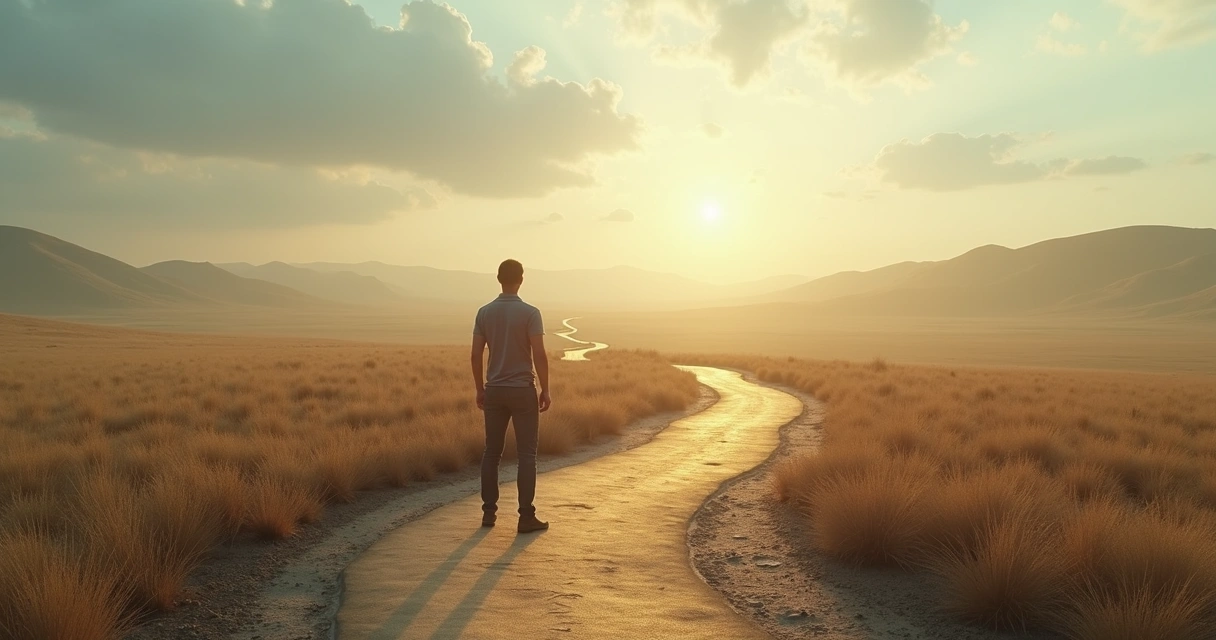 Pessoa em cruzamento de caminhos, uma representação de decisão de carreira 