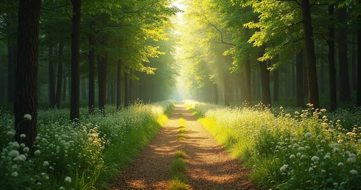 Trilha dividida em dois caminhos se unindo em uma clareira ensolarada