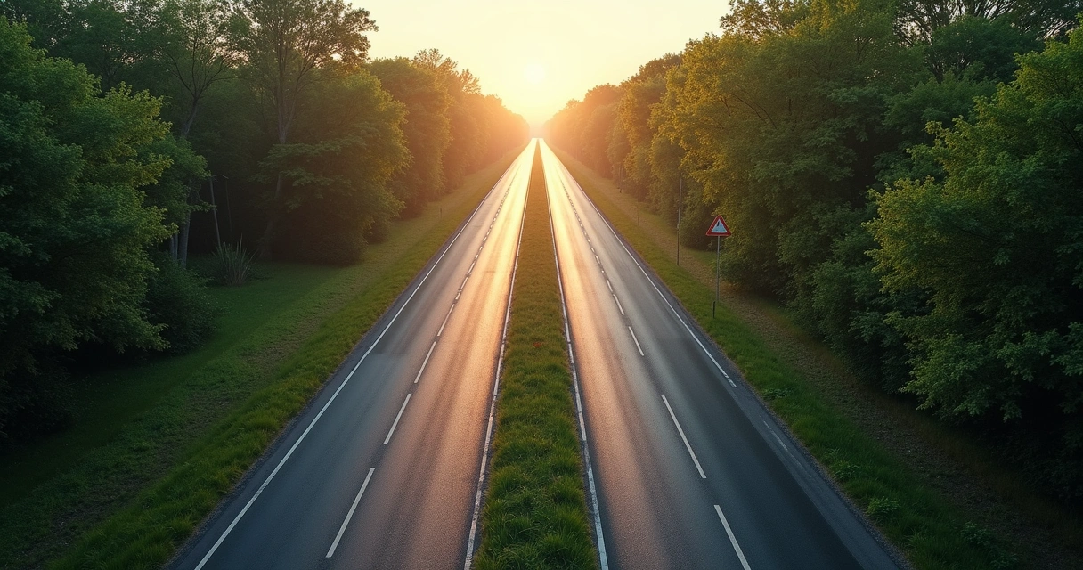 Estrada com bifurcação e placas indicando caminhos diferentes 