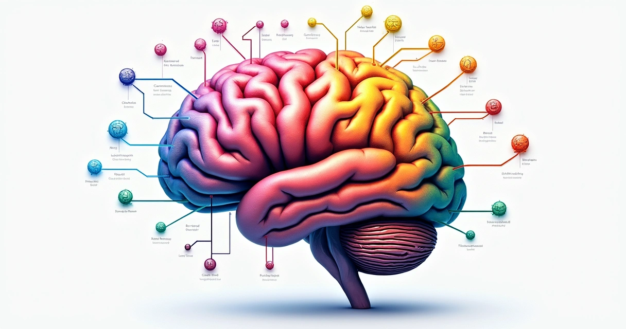 Esquema colorido representando conexões cerebrais relacionadas à tomada de decisão. 