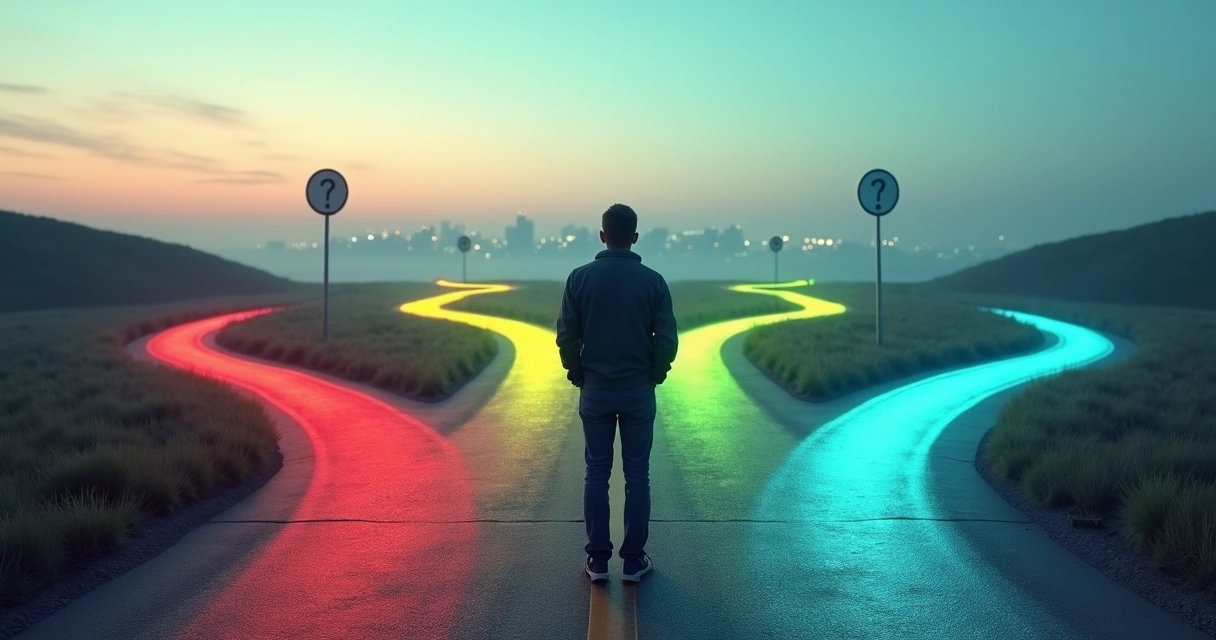 Vários caminhos se bifurcando diante de uma pessoa em pé 