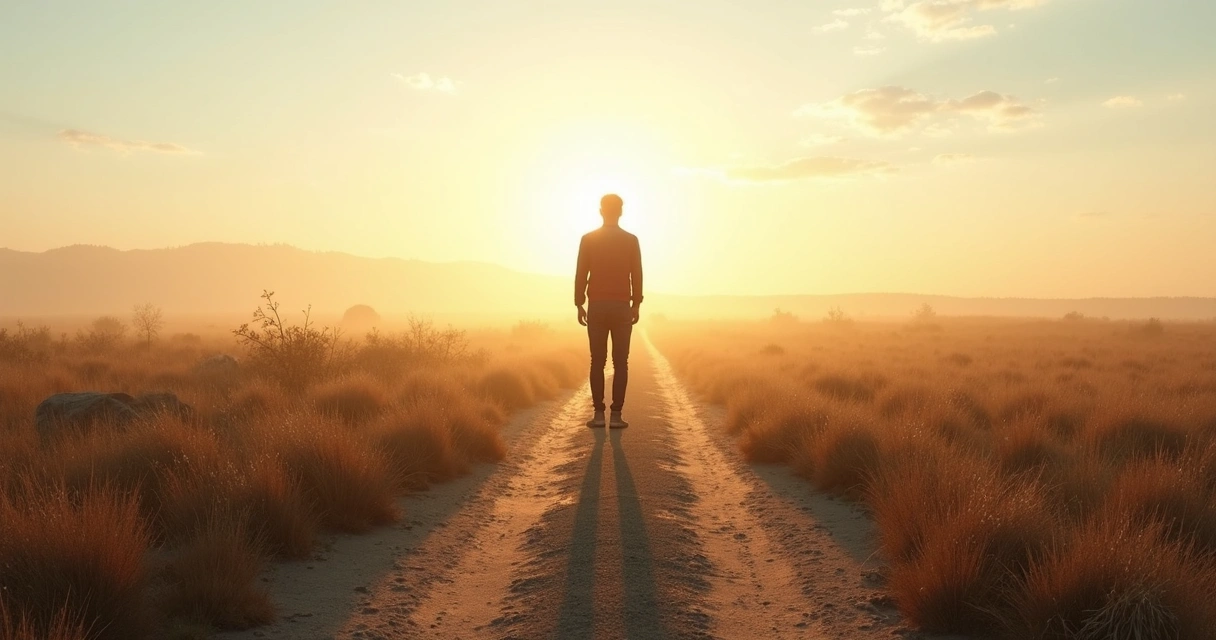 Pessoa diante de caminhos em ambiente aberto ao amanhecer 