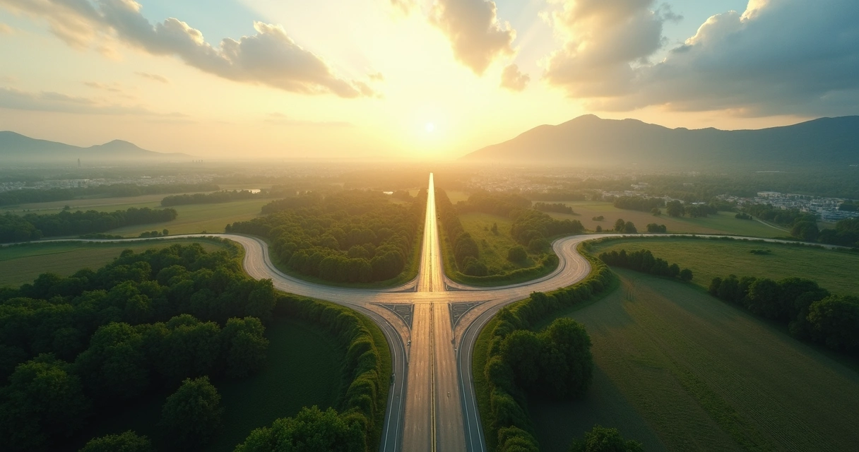 Encruzilhada de estradas vistas de cima, cada uma levando a paisagens diferentes, com luz natural suave. 