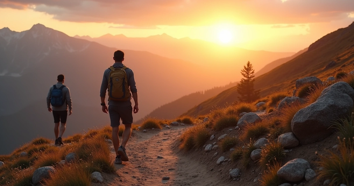 Duas pessoas em trilhas diferentes subindo a mesma montanha ao nascer do sol 