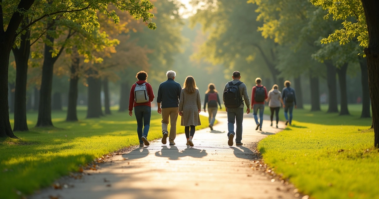 Pessoas caminhando por caminhos diferentes em uma bifurcação em um parque 