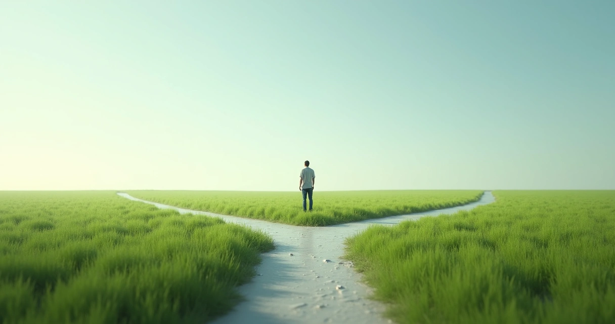 Pessoa diante de caminhos divergentes em ambiente calmo 