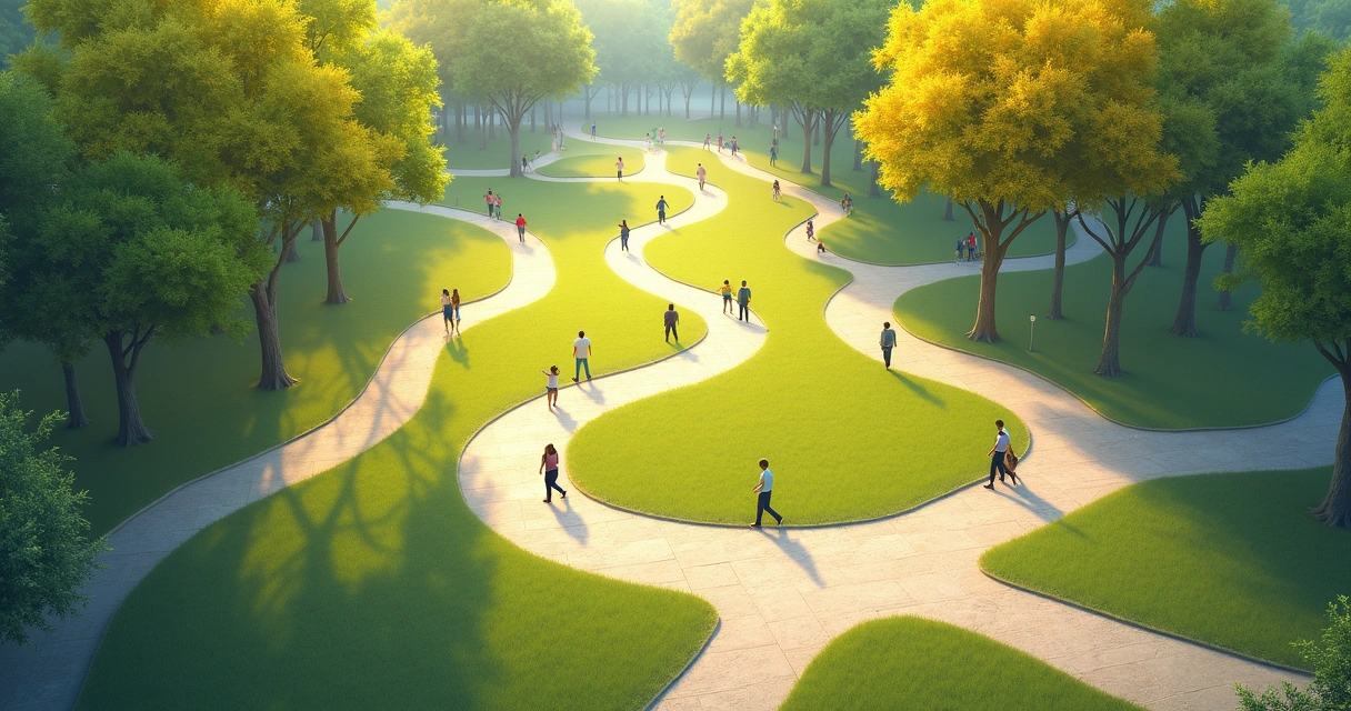 Caminhos divergentes em um parque com pessoas seguindo direções diferentes 