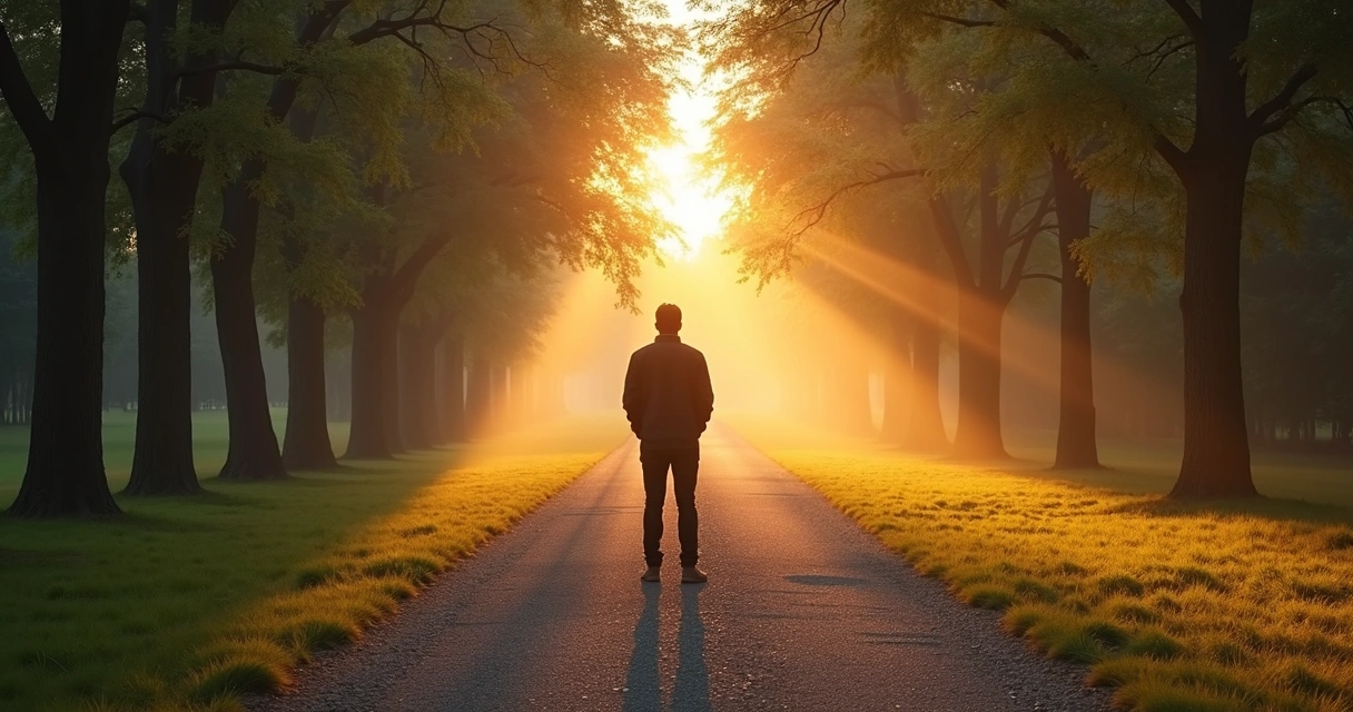 Pessoa diante de dois caminhos em parque ao amanhecer 