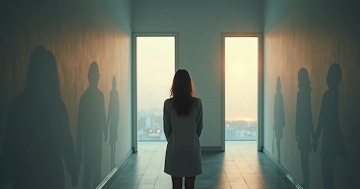 Pessoa diante de dois caminhos em corredor com sombras familiares